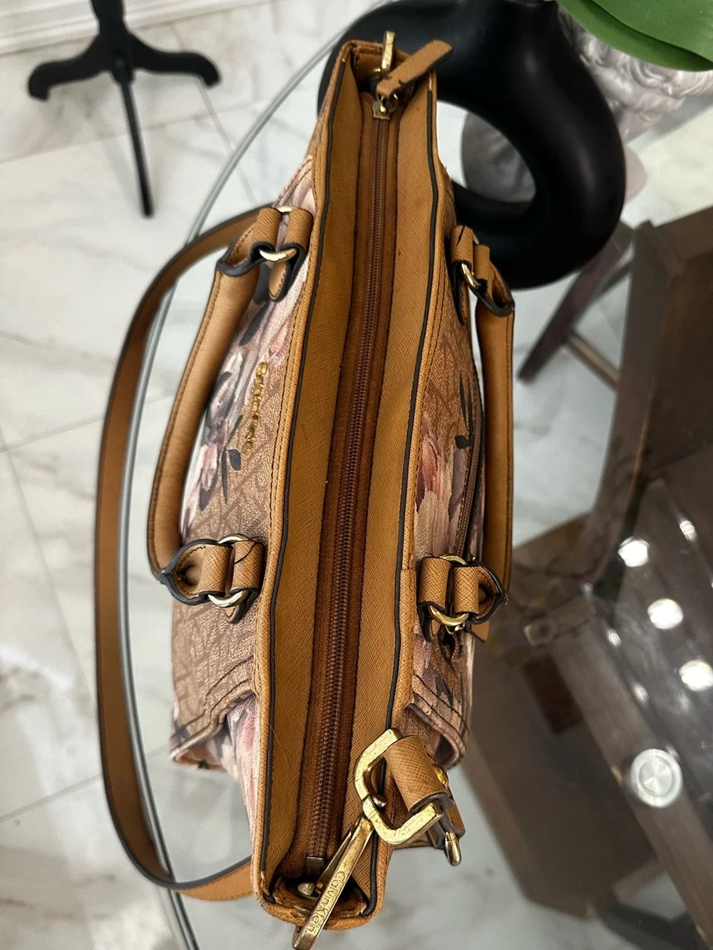 Calvin Klein Floral Monogram Satchel Bag in Brown
